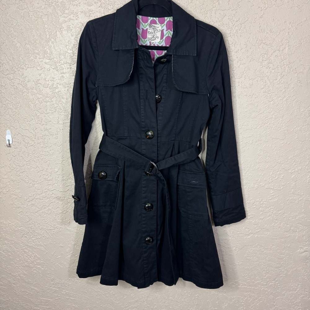 VTG Anthropologie Tulle Womens Black Mid-Length Trench Coat Size M Tulip Lining